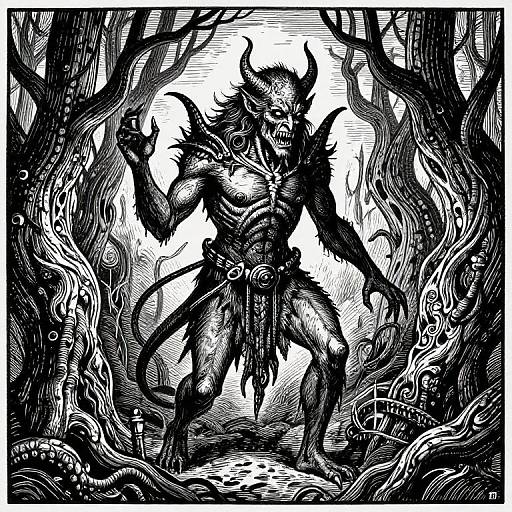 Black-and-white ink drawing of a demonic figure with horns, claws, and tattered clothes, standing in a twisted, eerie forest.