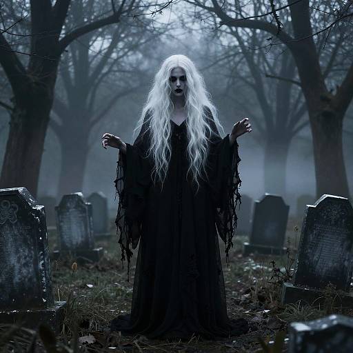 Ghostly Woman in Misty Graveyard