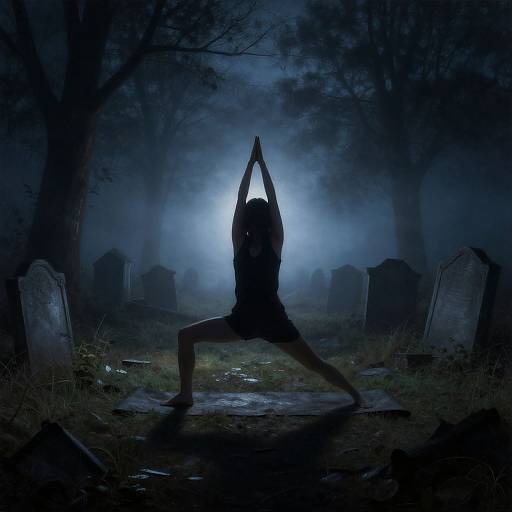 Silhouetted figure in a warrior yoga pose, hands above head, in a dark, misty graveyard with tombstones, illuminated by a bright