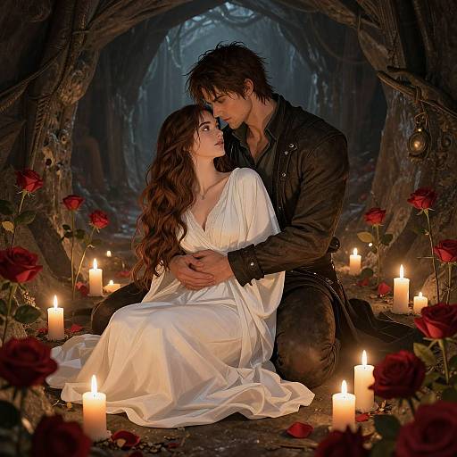 Romantic fantasy scene: Dark-haired man in black leather embraces fair-skinned woman in white dress, surrounded by candles and red roses in a dark,