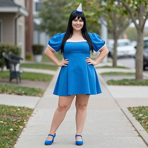 Photograph of a smiling woman with long black hair, blue dress, puffed sleeves, white collar, blue shoes, and white hat, standing confidently