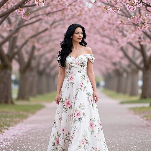 Photograph of a beautiful woman with long black hair, wearing an off-shoulder white floral dress, standing in a cherry blossom-lined path.