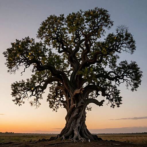 Ancient Gnarled Tree with Glowing Leaves