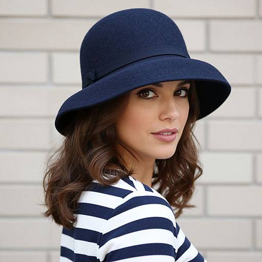 Photograph of a young woman with wavy brown hair, wearing a black striped shirt and a navy blue fedora, against a white brick wall.