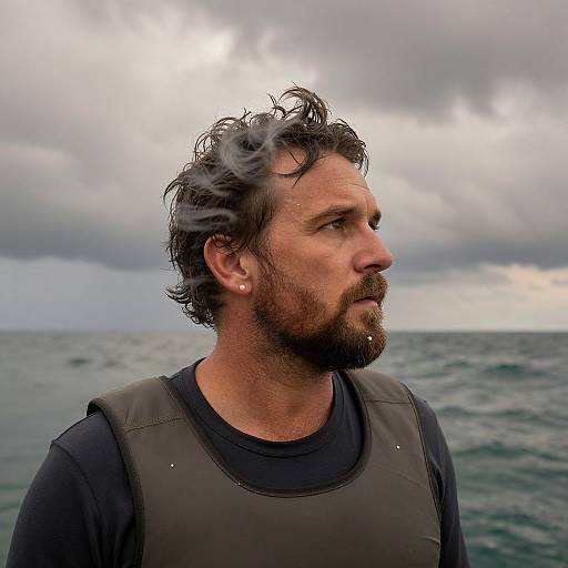 Photograph of a bearded man with wet, curly hair, wearing a black life vest, gazing at the ocean under a cloudy sky.