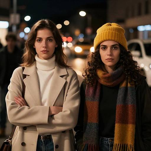 Two Women Standing at Night with Arms Crossed