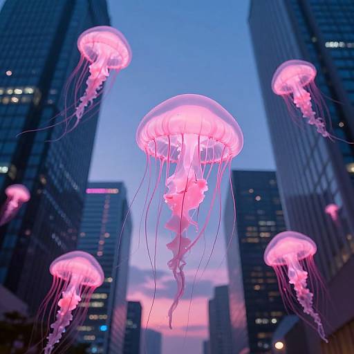 Glowing Jellyfish Amid City Skyscrapers