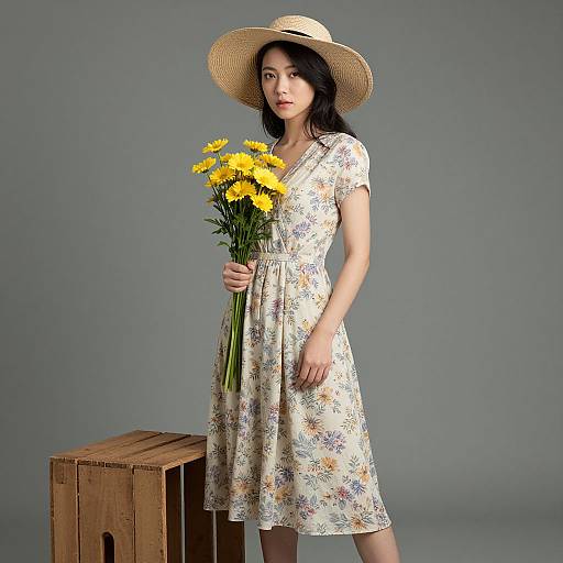 Photograph of an Asian woman in a floral dress and straw hat, holding yellow daisies, standing beside a wooden crate.