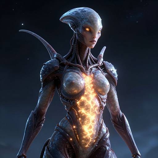 CGI sci-fi alien female with glowing orange chest, metallic blue exoskeleton, sleek helmet, and dark starry background, standing confidently.
