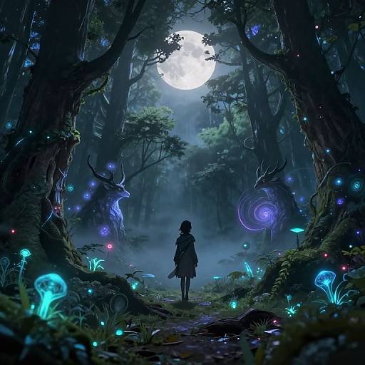Digital fantasy artwork of a silhouetted girl standing in a mystical forest, illuminated by glowing blue and purple mushrooms, with ethereal deer and a