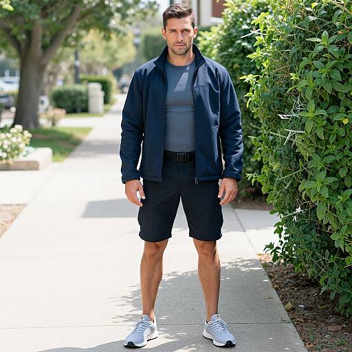 Photograph of a muscular, bearded man with short brown hair, wearing a black jacket, gray shirt, black shorts, and white sneakers, standing