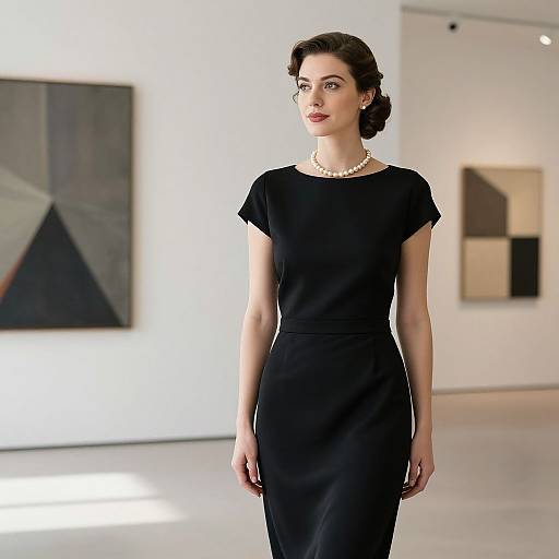 Photograph of a stylish woman with fair skin, dark hair in an elegant updo, wearing a black short-sleeved dress and pearl necklace,