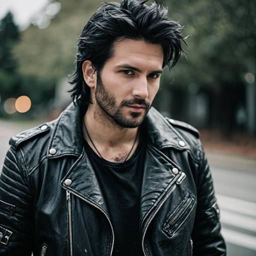 Man in Black Leather Jacket with Tousled Hair