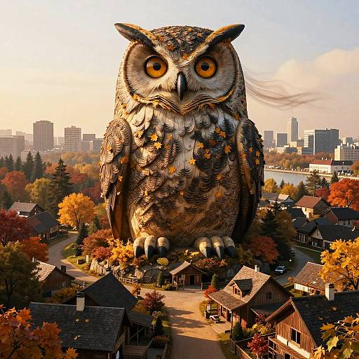 Digital artwork of a giant, detailed owl with striking yellow eyes standing amidst a quaint, colorful autumn town, with a cityscape in the background.