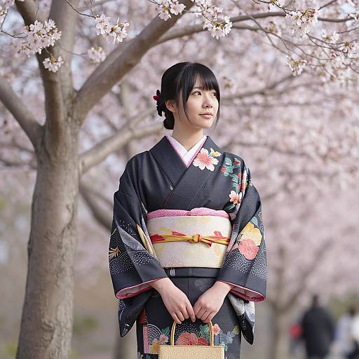 Photograph of a Japanese woman with black hair in a traditional black kimono with floral patterns, standing under cherry blossom trees.