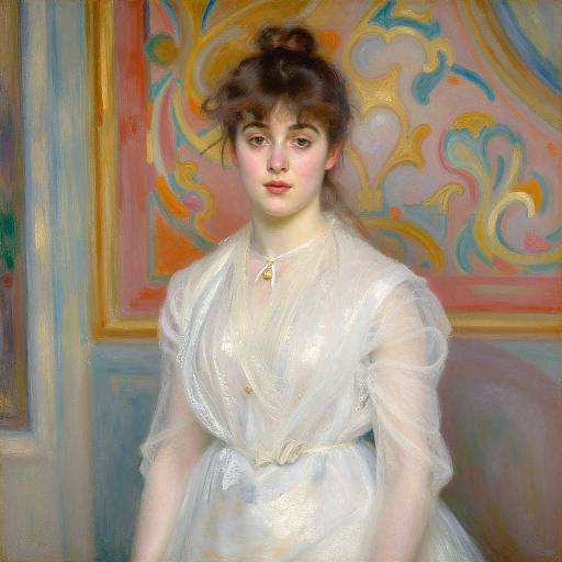 Impressionist painting of a fair-skinned woman with dark brown hair in a loose bun, wearing a sheer white dress, standing against a colorful,
