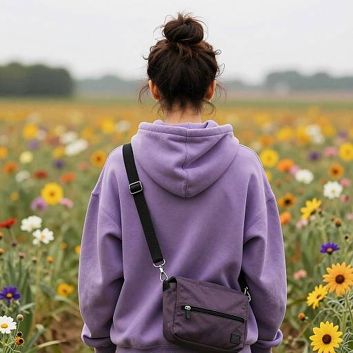 Girl with Messy Bun in Flower Field