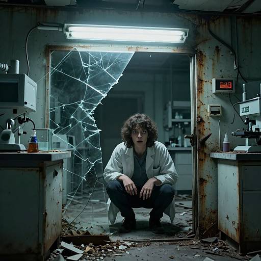 Photograph of a curly-haired man in a white lab coat crouching in a dark, grungy laboratory with a broken window and scattered debris