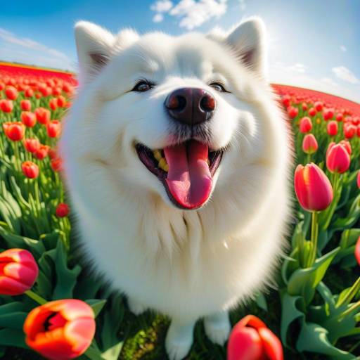 Playful Samoyed in a Tulip Field