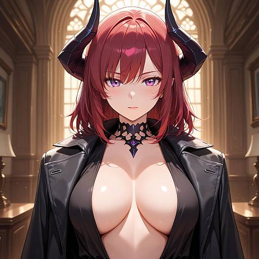 Digital anime-style drawing of a red-haired demon girl with black horns, purple eyes, large breasts, and black leather jacket, set in a sunlit