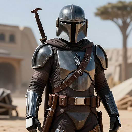 Photorealistic CGI of a Mandalorian soldier in shiny black armor, helmet, and dark cloak, standing in a desert village. Blurred buildings and