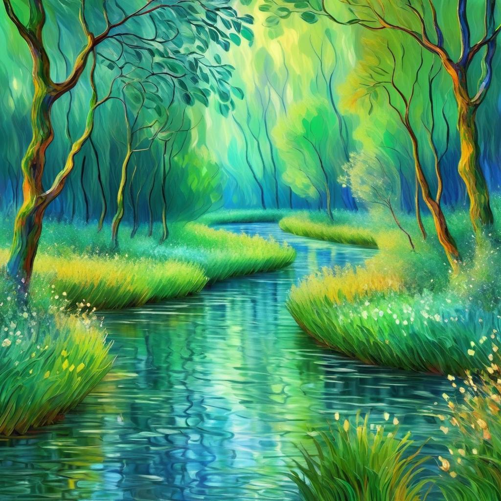 Serene River Landscape in Impressionist Style