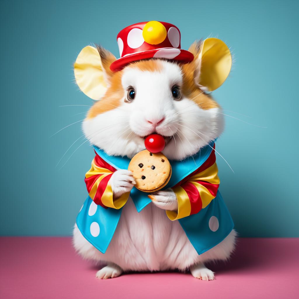 Whimsical Hamster Clown Enjoying a Cookie