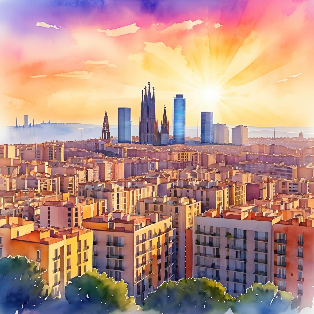 Sunset Skyline of Barcelona in Watercolor