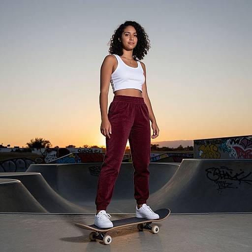 Photograph of a curly-haired woman in a white crop top and maroon pants, standing confidently on a skateboard at sunset in a graffiti-covered skatepark