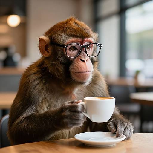 Photograph of a brown monkey with large black glasses, holding a white cup of coffee, sitting at a wooden table in a blurred café.