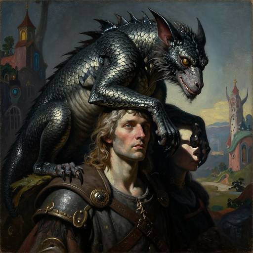 Digital painting of a muscular man with shoulder armor, long hair, and a fierce black dragon with shiny scales perched on his shoulders, set against a