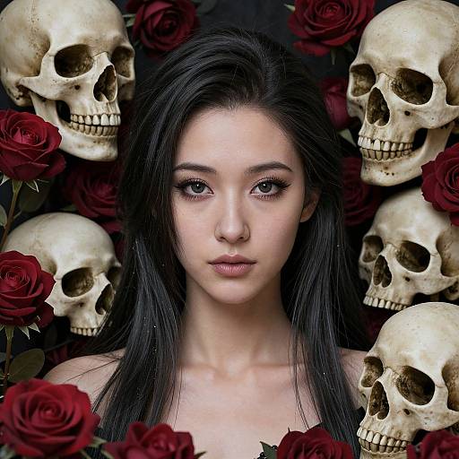 Digital portrait of a pale-skinned, dark-haired woman with large eyes, surrounded by red roses and four skulls, creating a gothic, macab