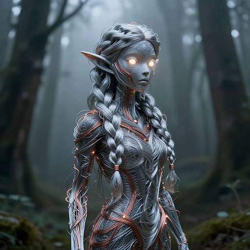 Digital artwork of a glowing, silver-skinned, elf-like woman with braided hair, pointed ears, and vibrant white eyes, standing in a mist