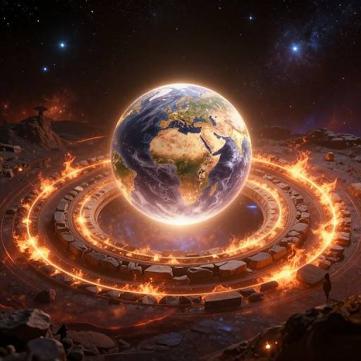 Photorealistic CGI of Earth glowing brightly, surrounded by a fiery ring of intense orange flames, floating in dark space.