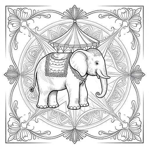 Black-and-white line drawing of an elephant with a saddle, surrounded by intricate floral patterns and geometric shapes, within a square frame.