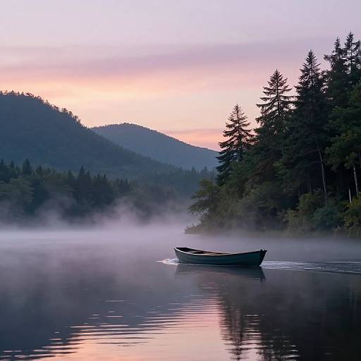 Photograph of a serene lakeside at sunrise, featuring a lone wooden rowboat on calm water, surrounded by misty pine trees and mountain silhou