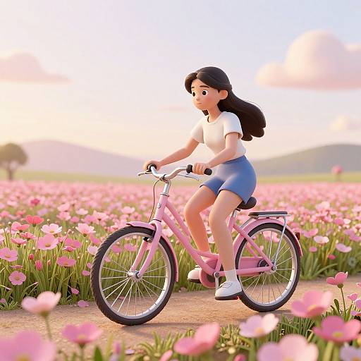 CGI-style image of a cute anime girl with black hair, wearing a white shirt and blue shorts, riding a pink bicycle through a pink flower field