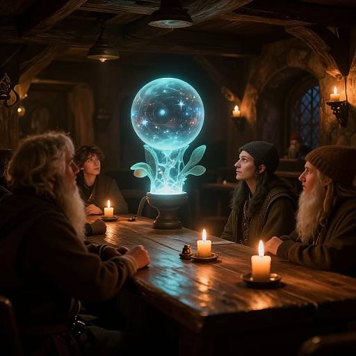 Photograph of four medieval-style people around a wooden table with glowing candles, focusing on a luminous, blue, glowing orb centerpiece.