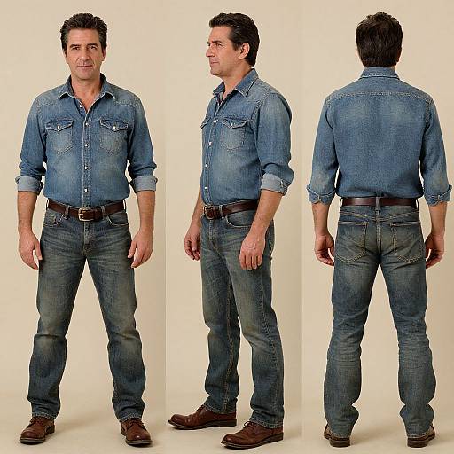 Middle-aged man in denim outfit front side and back