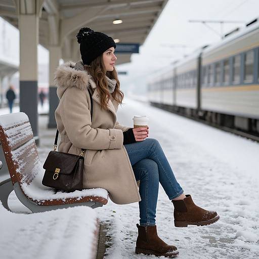 Woman in Winter Coat at Snowy Station