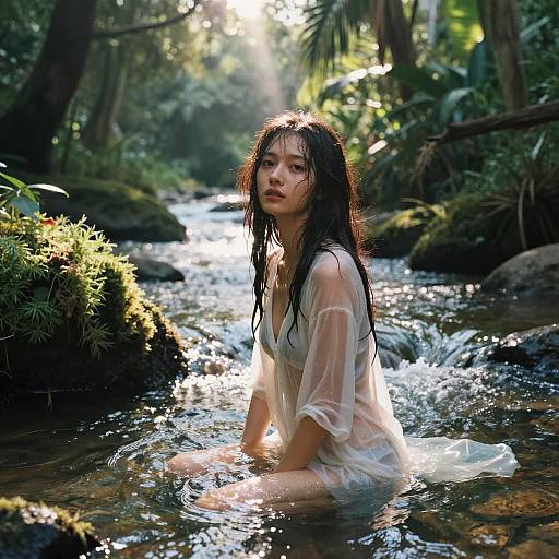 Photograph of a wet, fair-skinned woman with long black hair, wearing a sheer white top, kneeling in a sunlit forest stream, surrounded