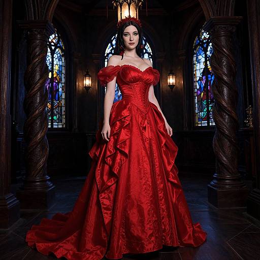 Photograph of a pale-skinned woman in a vibrant red, off-shoulder, voluminous ball gown, standing in a dimly lit Gothic