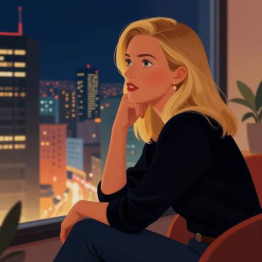 Digital illustration of a blonde woman with red lipstick, sitting thoughtfully in a cityscape office at night, wearing a black top.