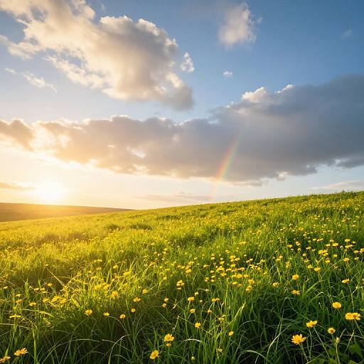 Photograph of a sunny, golden field with yellow wildflowers under a blue sky with scattered clouds, casting a rainbow-like light.