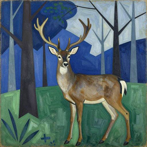 Painting of a deer with prominent antlers standing in a vibrant, blue-toned forest, with stylized trees and lush green grass.