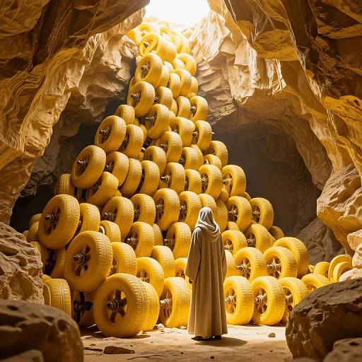 Photograph of a cloaked figure standing in a rocky cave illuminated by a towering stack of glowing yellow lanterns.