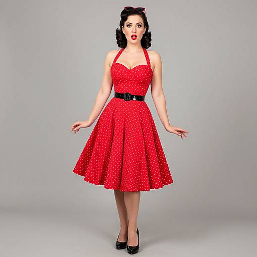 Photograph of a fair-skinned woman with black wavy hair, wearing a red polka dot halter dress, black belt, and black heels