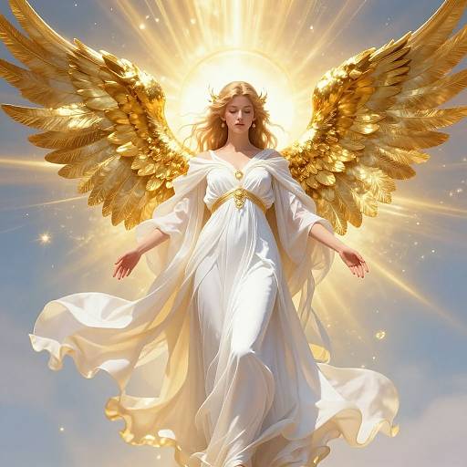 Digital art of a golden-winged angel with flowing white dress, radiant sunlight background, serene expression, outstretched arms, ethereal beauty.