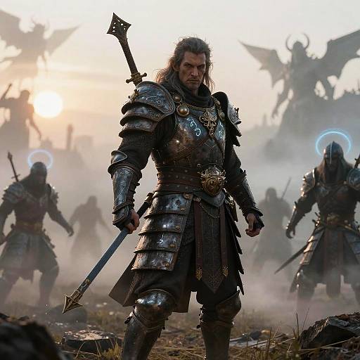 Photograph-style CGI of a rugged, armored warrior with long hair, holding a sword, standing in a misty battlefield with glowing halos.