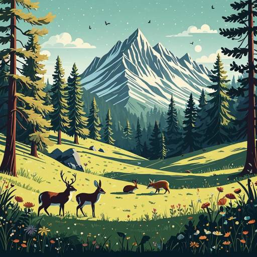 Serene Mountain Meadow with Woodland Animals Illustration Serene Mountain Meadow with Woodland Animals Illustration